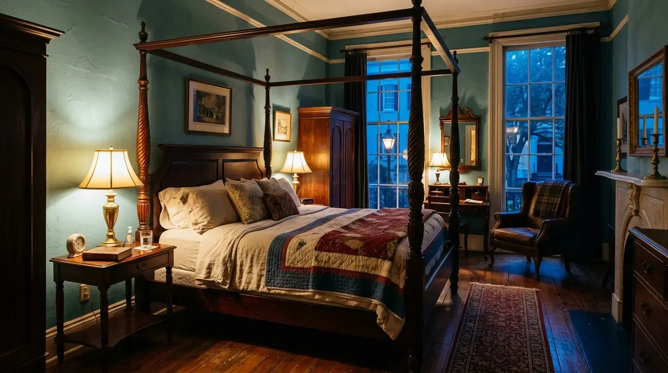 A dark, atmospheric four-poster bedroom with vintage furnishings and lamplight, evoking the historic guest rooms at 17Hundred90 Inn & Restaurant.