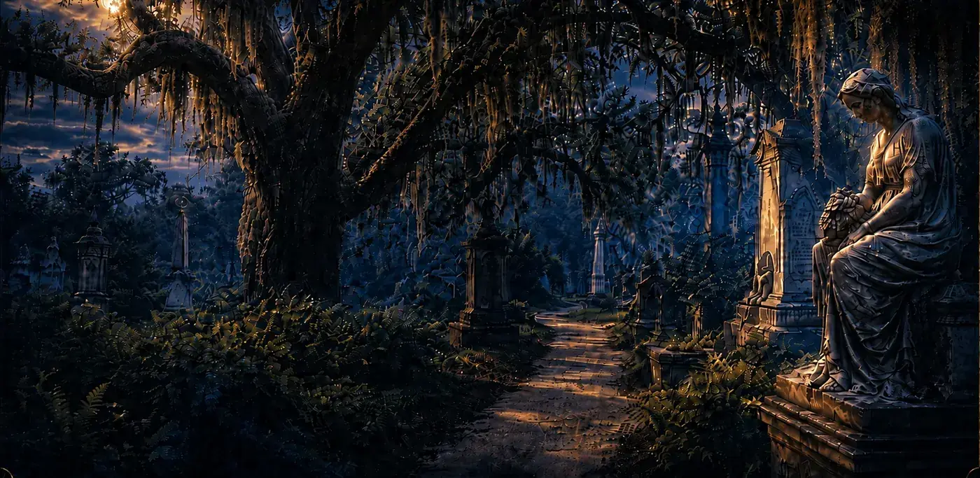 A moonlit path through Bonaventure Cemetery's monuments beneath moss-draped oaks.