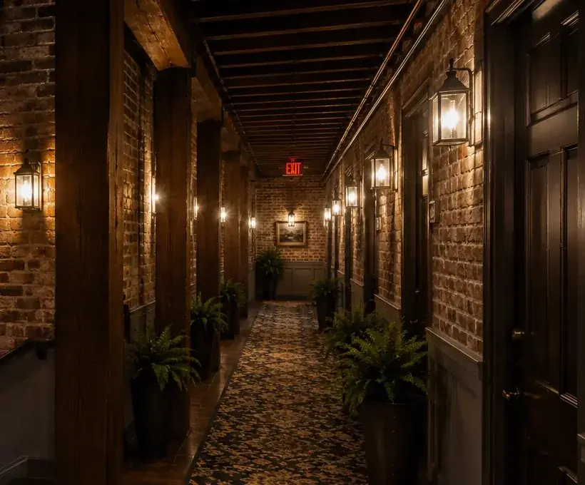 Atmospheric upper-floor hallway inside a historic Savannah hotel.