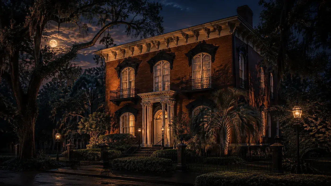 The Mercer Williams House, a brick Italianate mansion in Savannah, lit at night beneath a full moon.