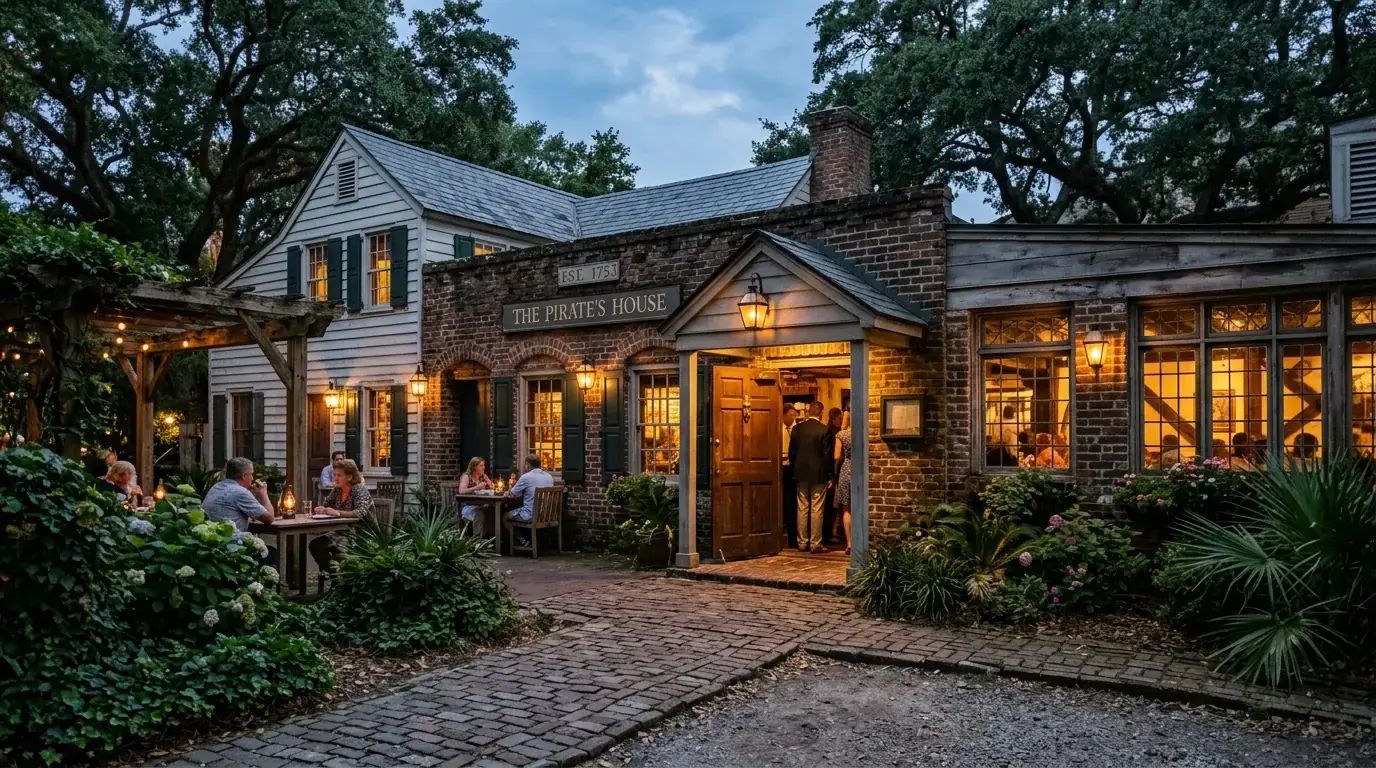 The brick exterior of The Pirate's House restaurant in Savannah, lit at dusk with diners seated in the garden out front.