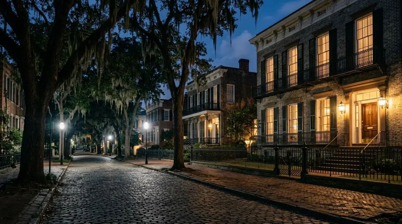 Savannah's Historic District beneath live oaks and Spanish moss at dusk