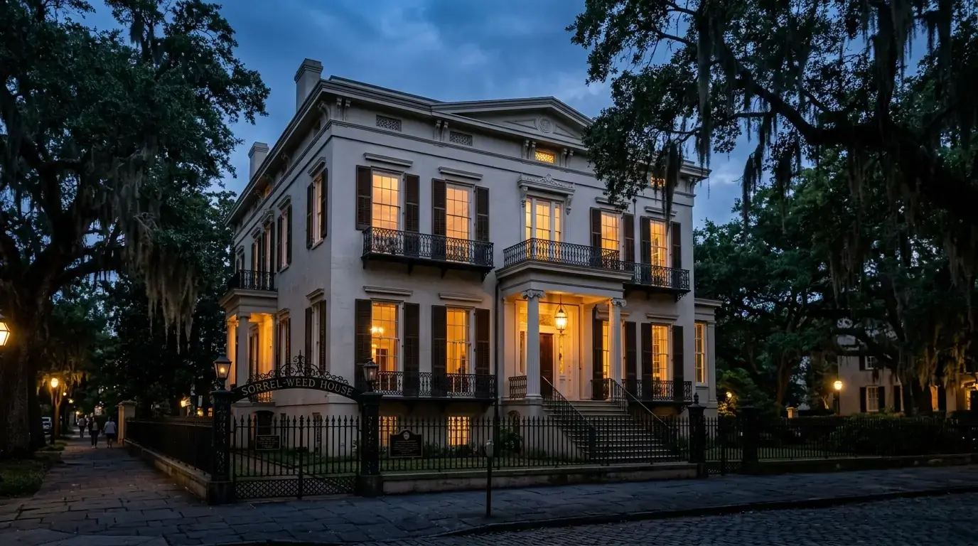The Sorrel-Weed House, a white Greek Revival mansion on Madison Square, lit at dusk with its iron gate and historic marker visible.